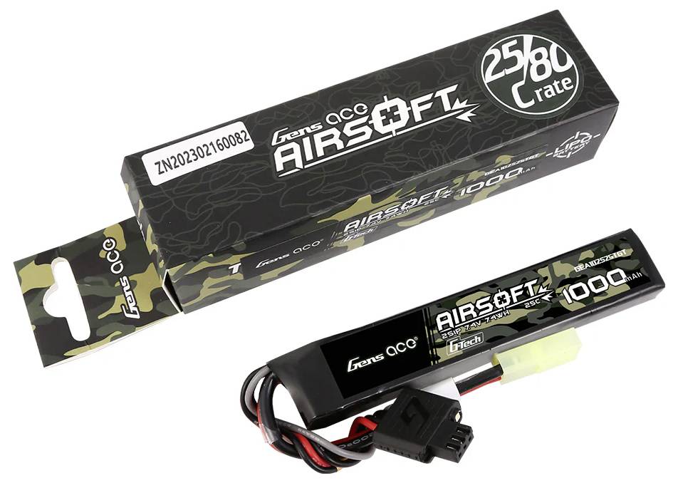 Akumulator do broni Airsoft, Gens Ace 11,1V 1000mAh, z podłączeniami kablowymi obok oryginalnego opakowania.