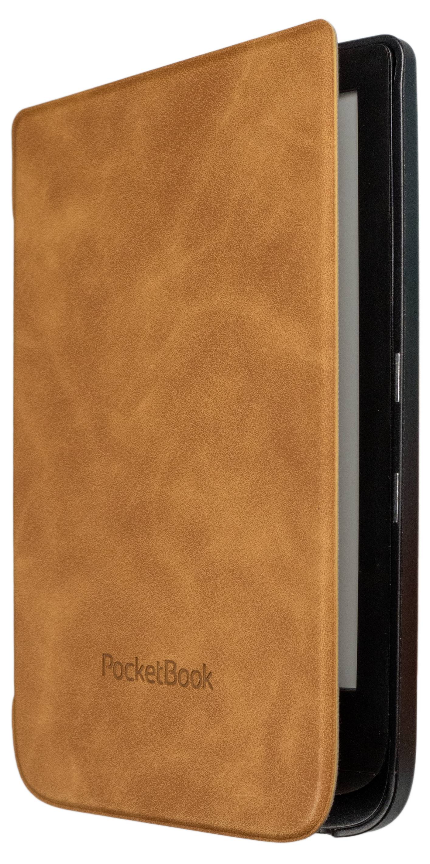 Brązowe skórzane etui na czytnik e-booków z napisem 'PocketBook'.