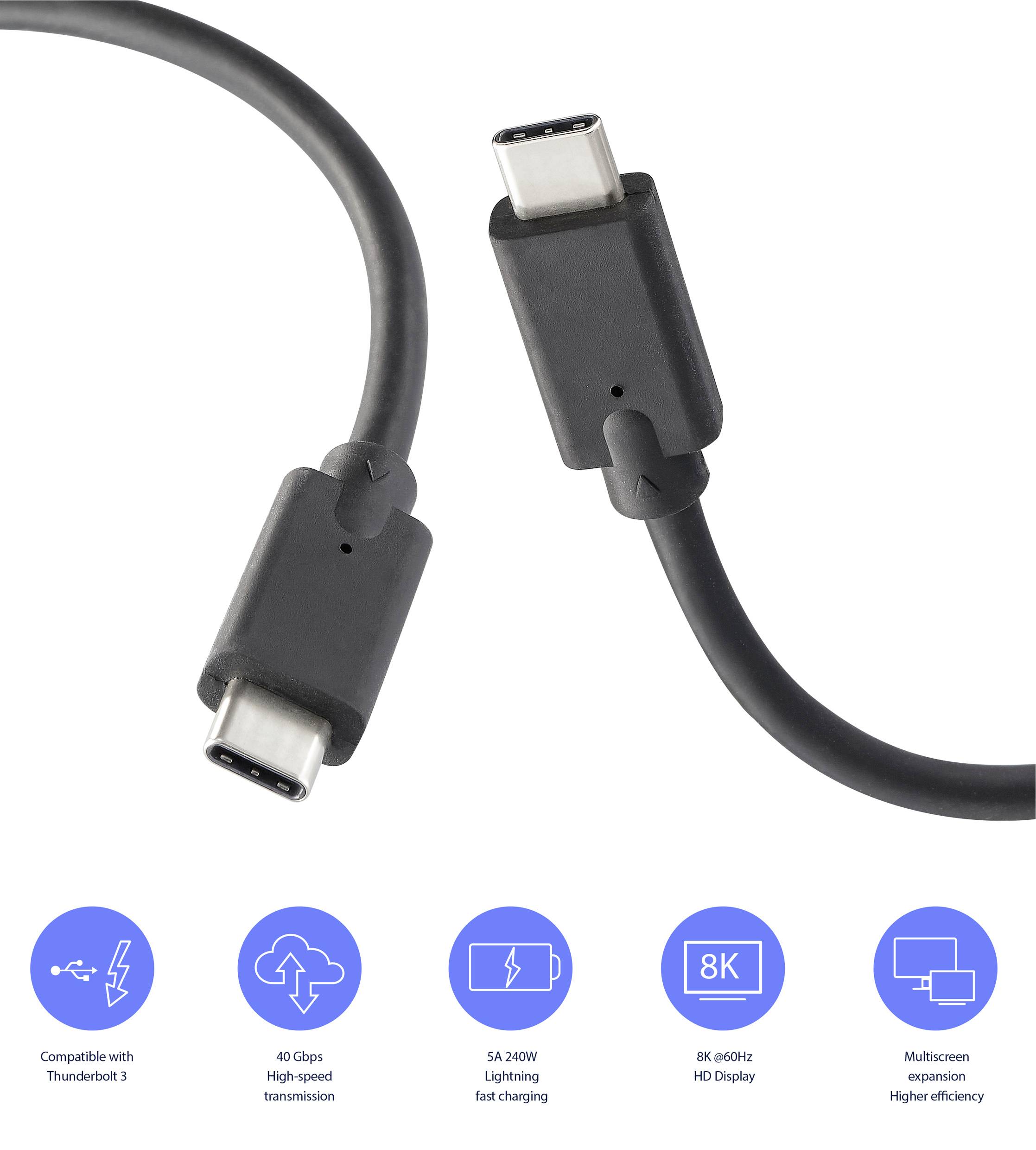 Czarny kabel USB-C. Obsługuje Thunderbolt 3, transmisję 40 Gb/s, szybkie ładowanie 5A 240W, wyświetlacz HD 8K 60Hz oraz rozszerzenie wieloekranowe.