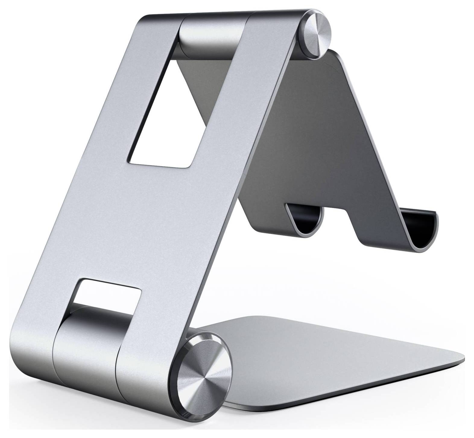 Srebrny, regulowany stojak na tablet wykonany z metalu, przeznaczony do powierzchni stołowych, zapewnia stabilność i możliwość wygodnego korzystania bez trzymania urządzenia w ręku.