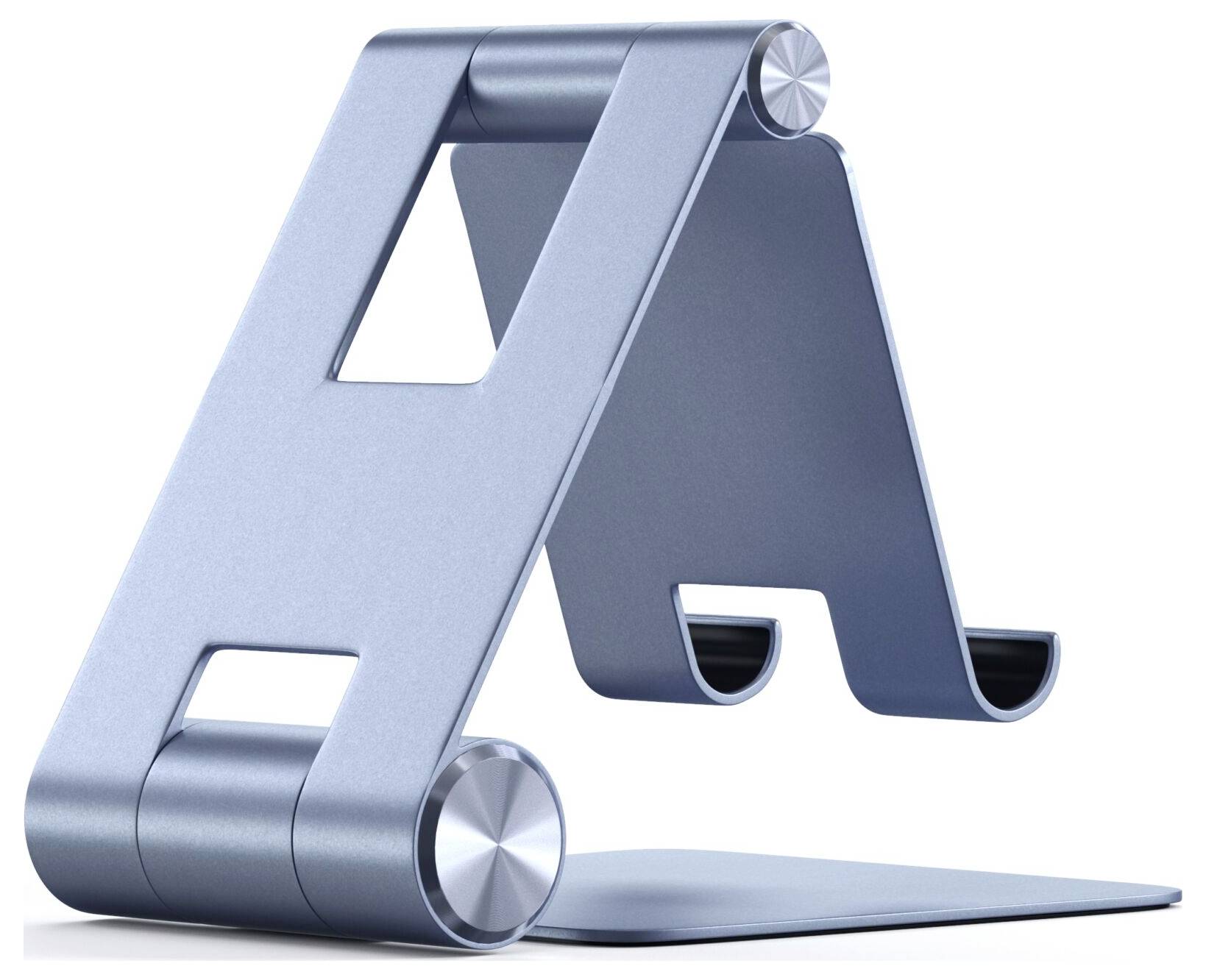 Srebrny metalowy uchwyt do tabletów lub smartfonów z regulowanym kątem nachylenia.