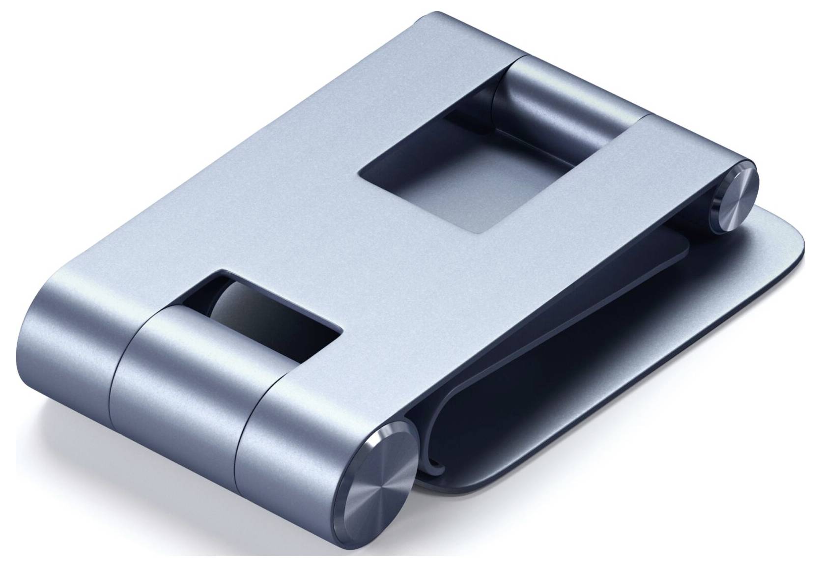 Składany, srebrny stojak na laptopa z metalu o minimalistycznym, nowoczesnym designie.