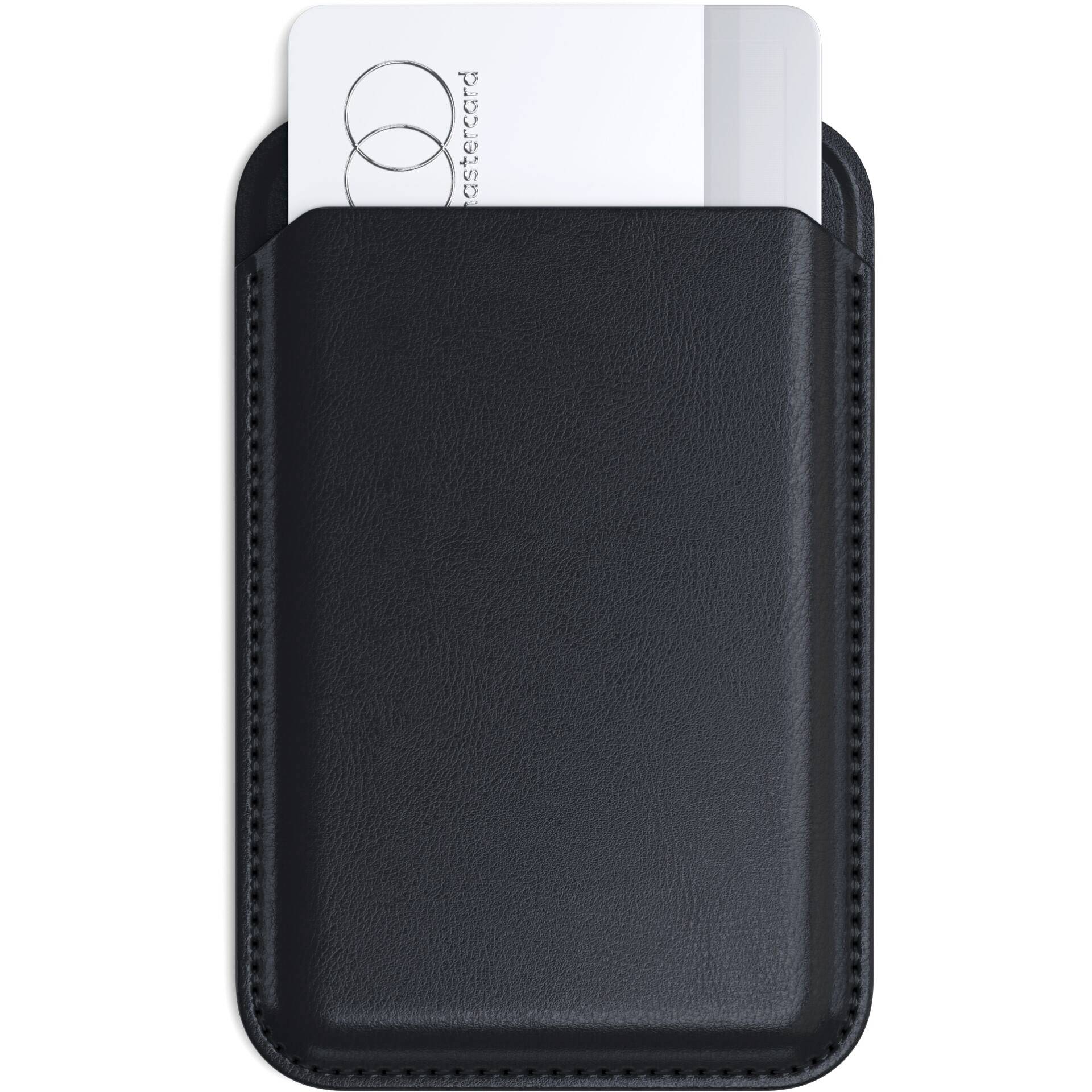 Czarny skórzany portfel na karty z widoczną kartą kredytową.