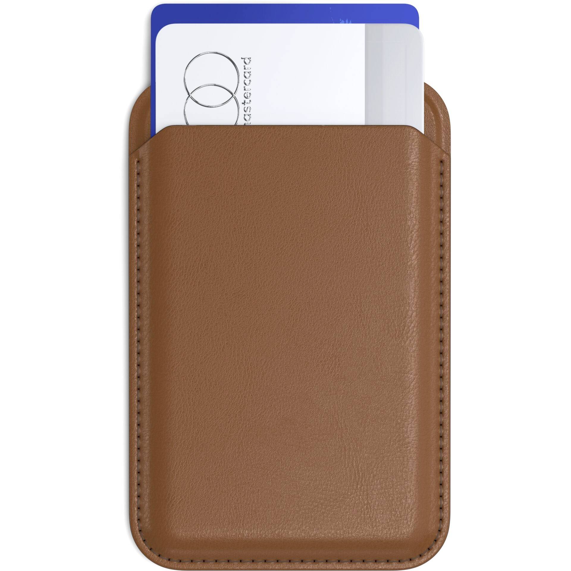 Brązowe skórzane etui zawiera dwie karty kredytowe. Widoczne są tylko górne części kart.