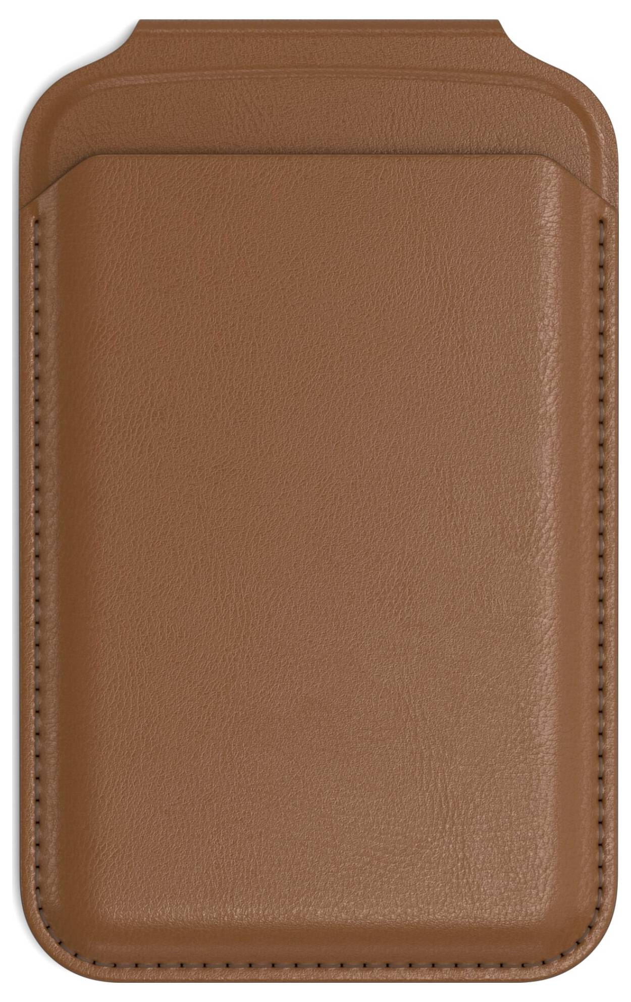 Brązowe etui skórzane, prostokątne, z zaokrąglonymi narożnikami.