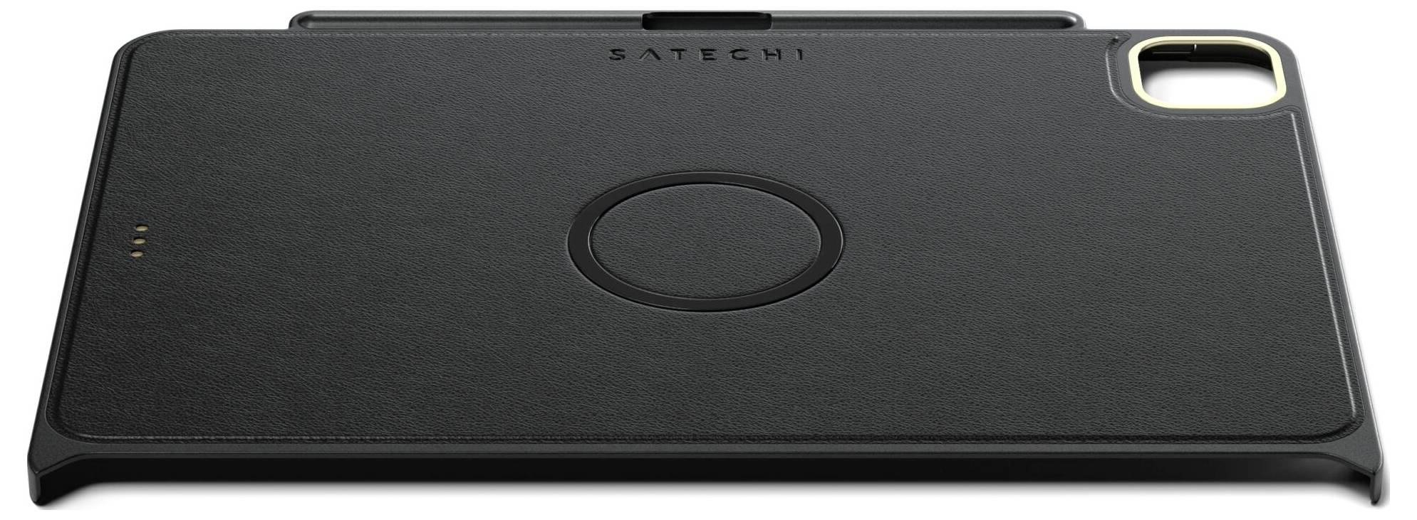 Czarna obudowa na tablet z otworem na kamerę i okrągłym złączem magnetycznym, kompatybilna z iPadami, marka 'Satechi'.
