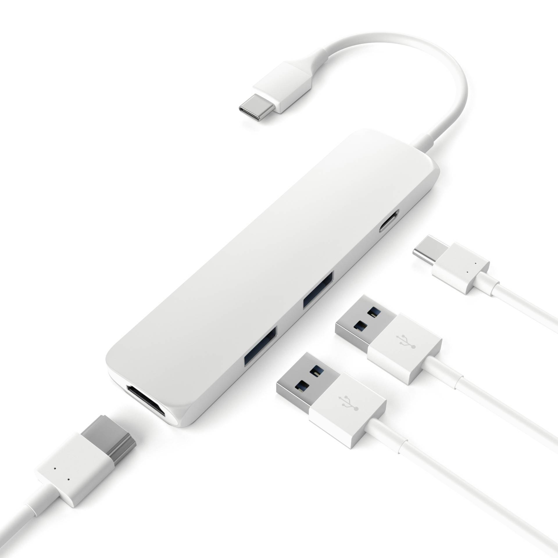 Biały hub USB z trzema portami USB, portem HDMI i wejściem USB-C; podłączone dwa kable USB i kabel USB-C.