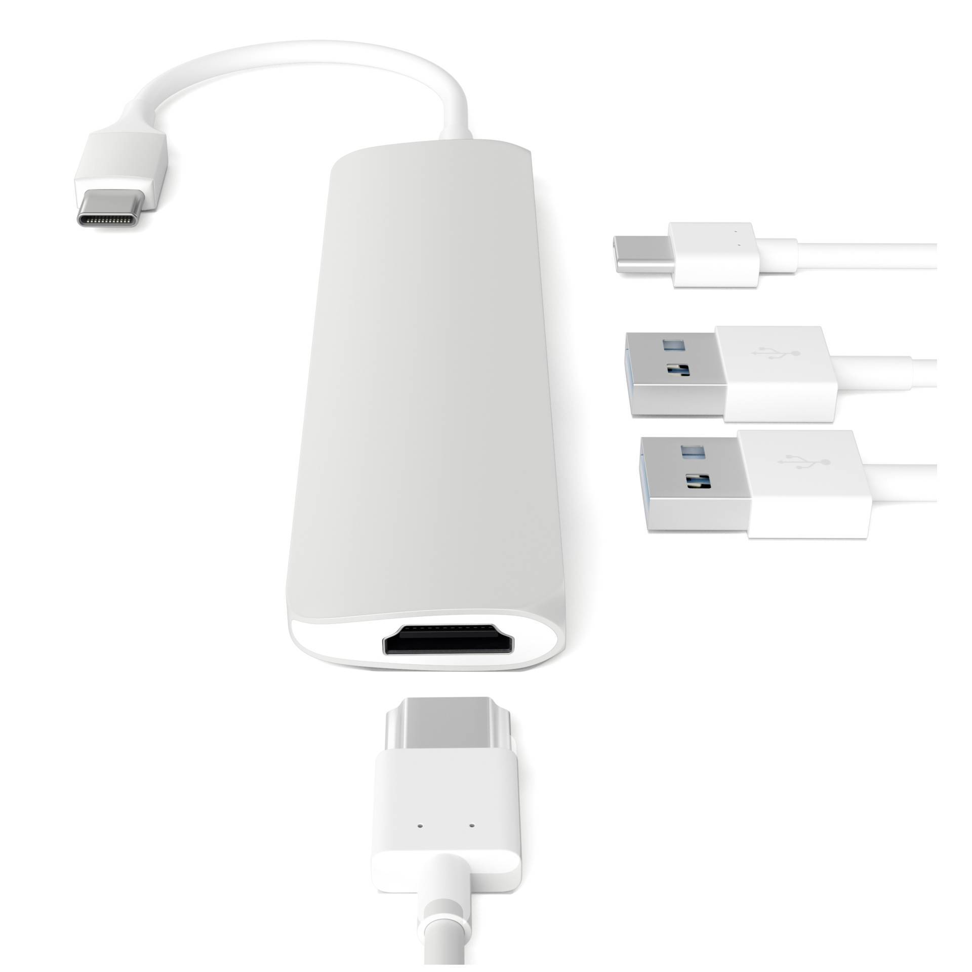 Adapter USB-C z wyjściem HDMI i trzema portami USB-A. Kabel USB-C podłączony do adaptera.