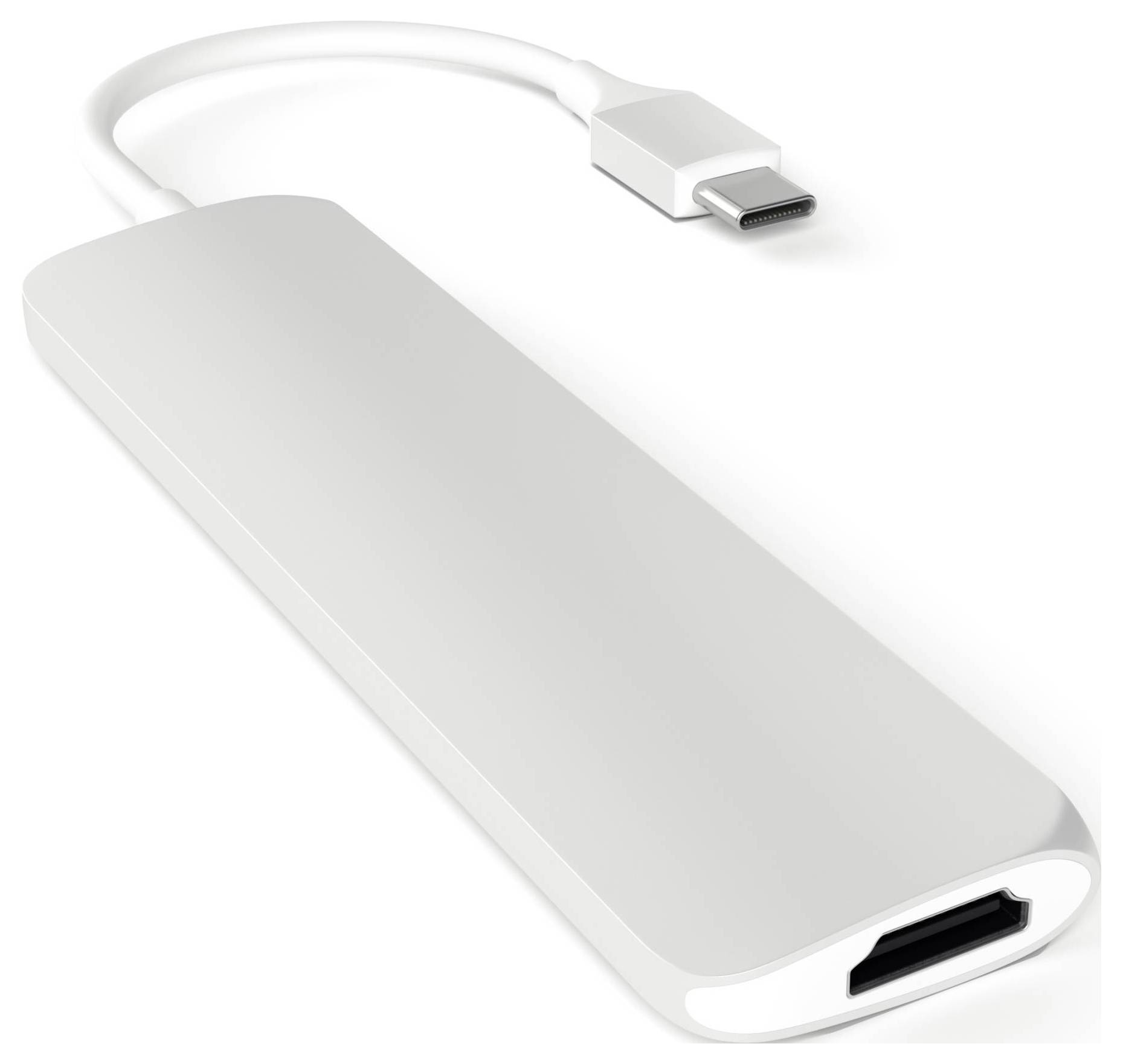 Biały adapter HDMI z gniazdem USB-C, przeznaczony do podłączania laptopów do urządzeń lub monitorów kompatybilnych z HDMI.