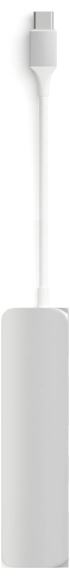 Biały adapter USB-C z długim przewodem, który służy do podłączenia wielu urządzeń do jednego gniazda USB-C.