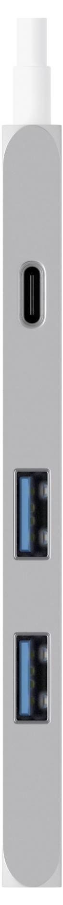 Szary adapter (dongle) do laptopa z jednym złączem USB-C na górze i dwoma złączami USB-A poniżej. Idealny do podłączania wielu urządzeń.