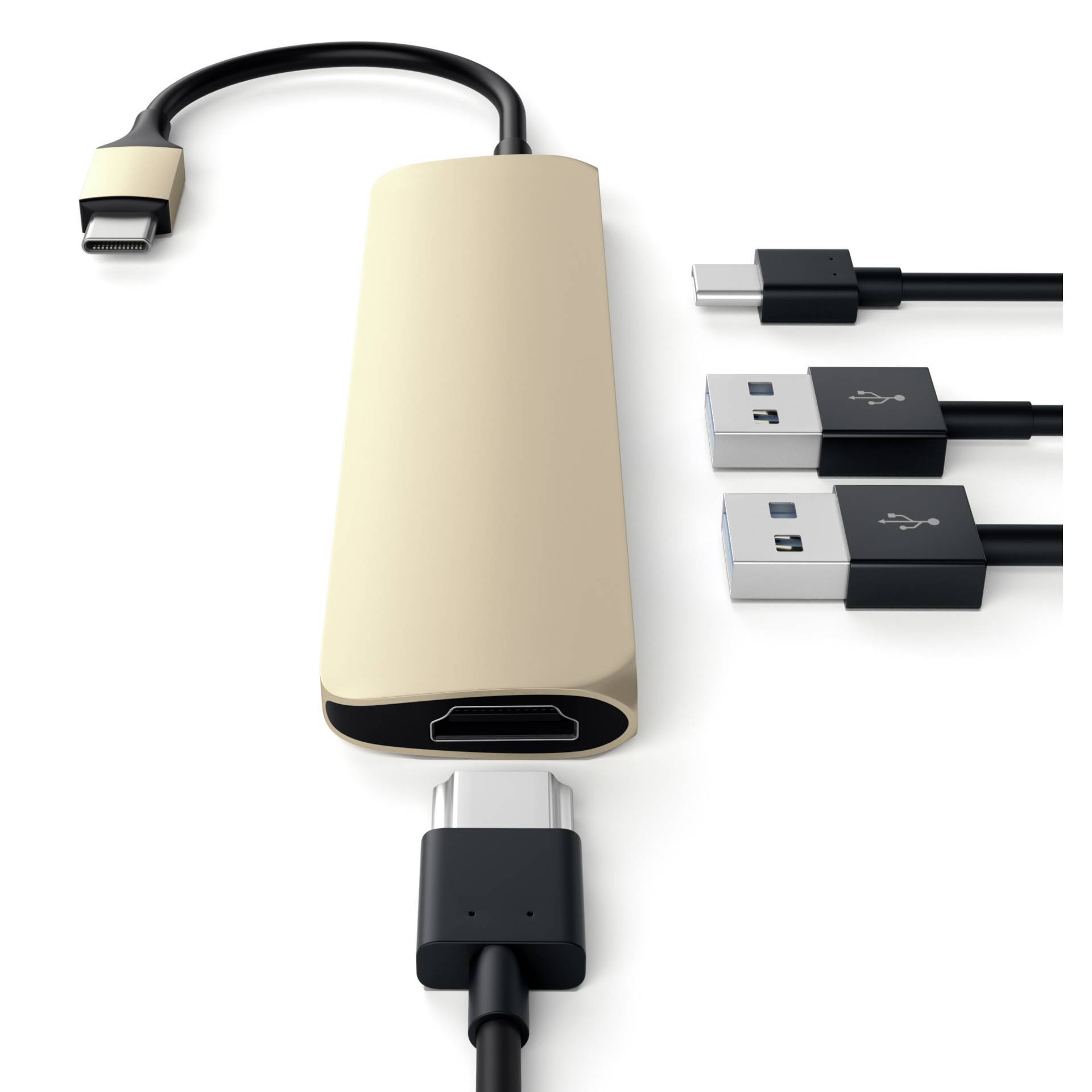 Adapter USB-C w kolorze beżowym z wieloma złączami, w tym HDMI i USB-A. Obok leżą trzy wtyczki USB-A.