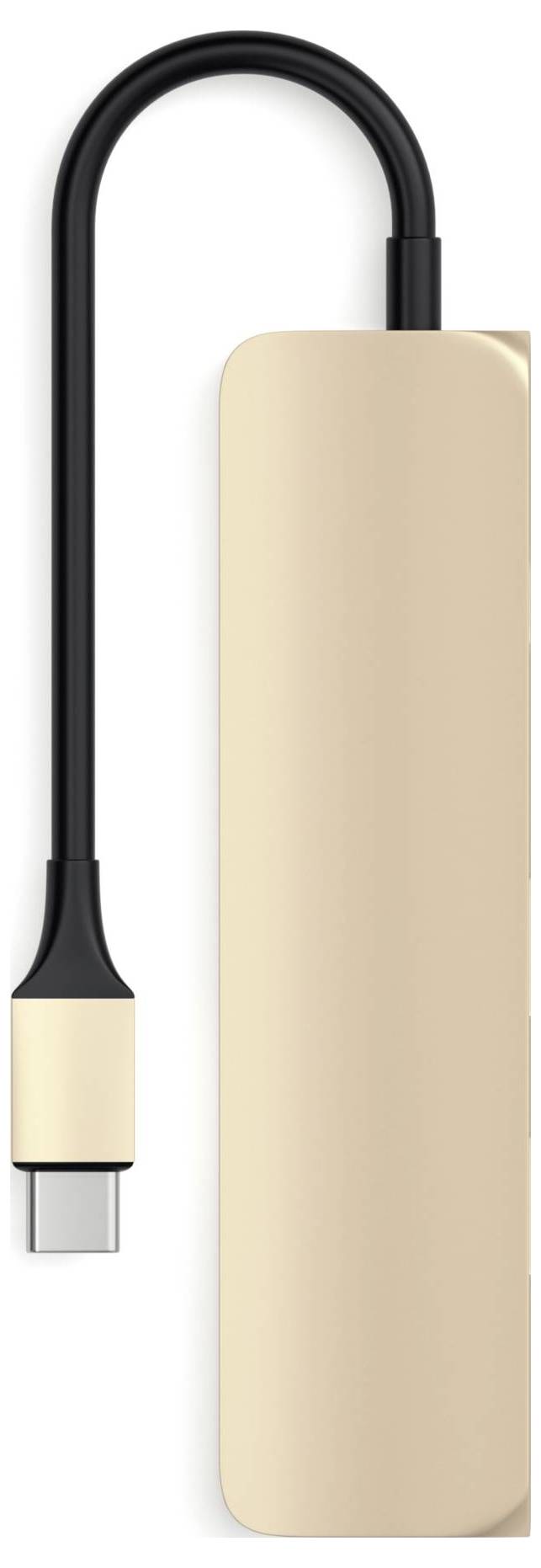 Złoty adapter USB-C z krótkim przewodem i zaokrąglonym designem. Idealny do łączenia urządzeń przez złącze USB-C.