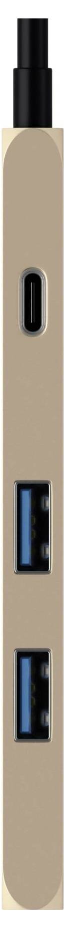 Stacja dokująca z gniazdem USB-C i dwoma gniazdami USB-A, ustawiona pionowo. Na górze znajduje się gniazdo USB-C, a poniżej dwa gniazda USB-A.