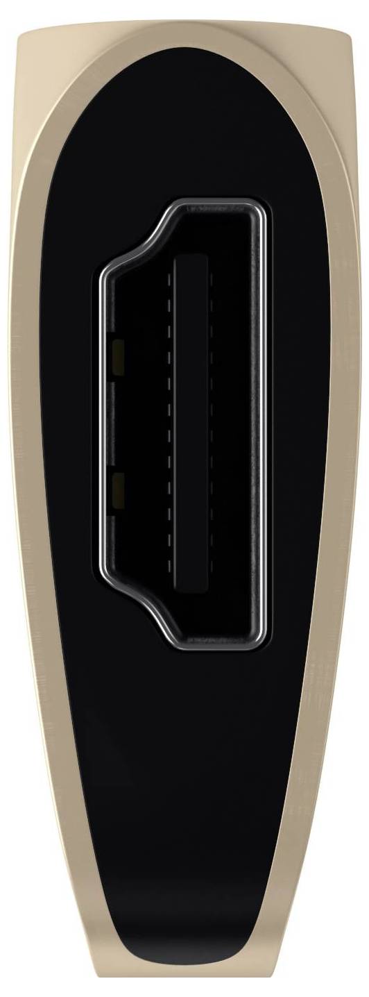 Złoty port HDMI w orientacji pionowej.