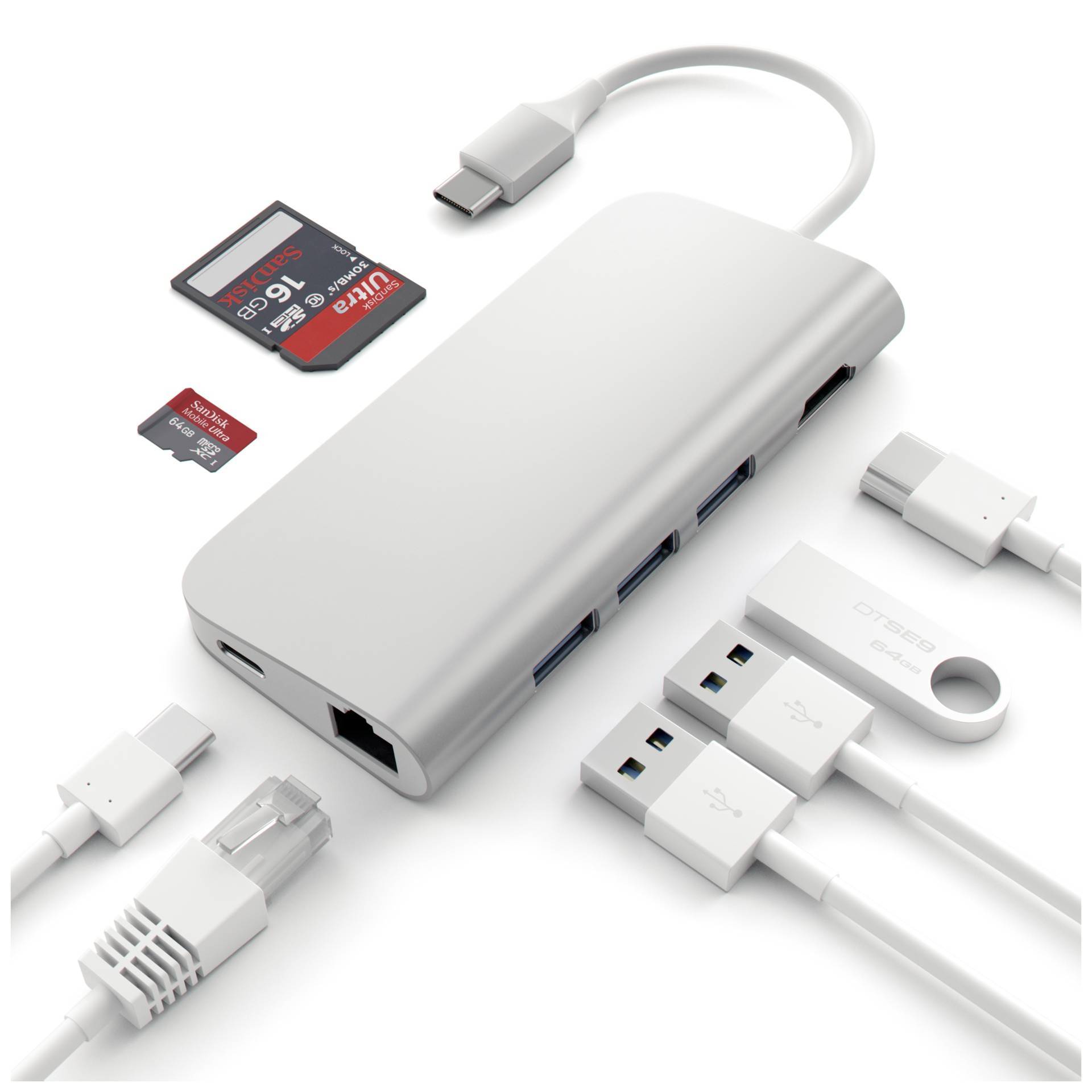 Wieloportowy adapter: Hub USB-C z interfejsem Ethernet, czytnikiem kart SD, portami USB oraz złączem HDMI, kompatybilny z różnymi urządzeniami.
