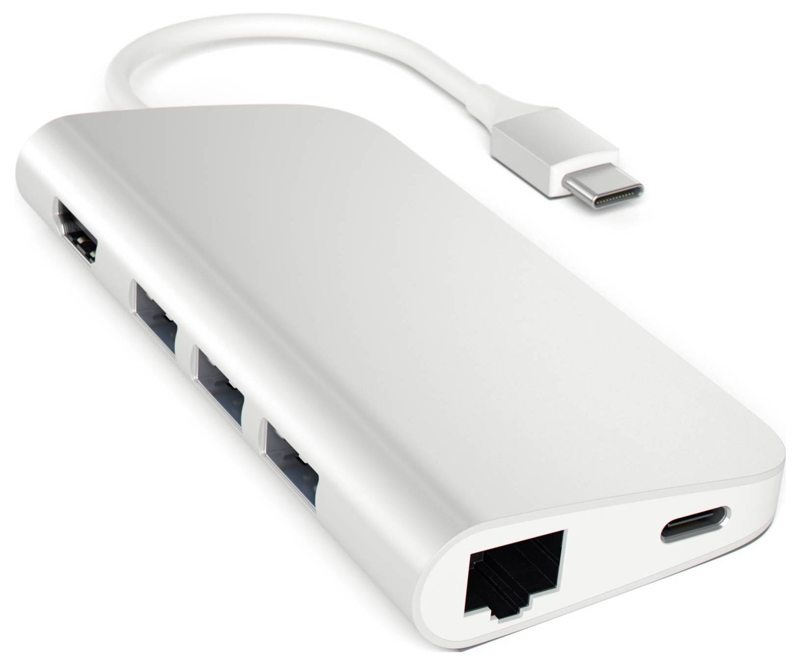 Biały hub USB-C z wieloma portami, w tym portem Ethernet i portami USB, rozszerzający opcje łączności.