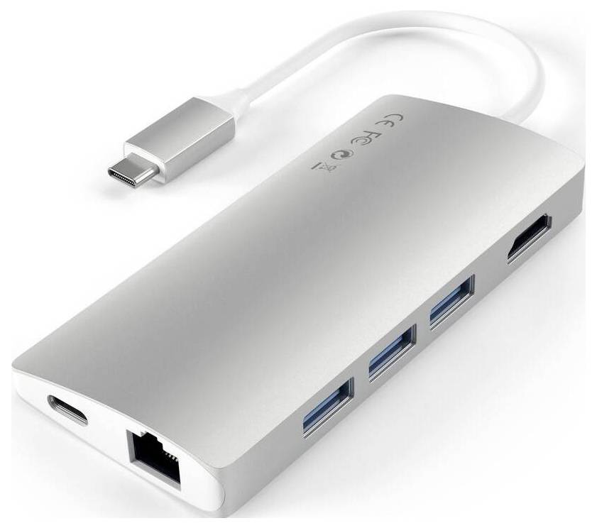 Koncentrator USB-C z wieloma portami: portem Ethernet, trzema portami USB, portem HDMI oraz dodatkowym złączem USB-C.