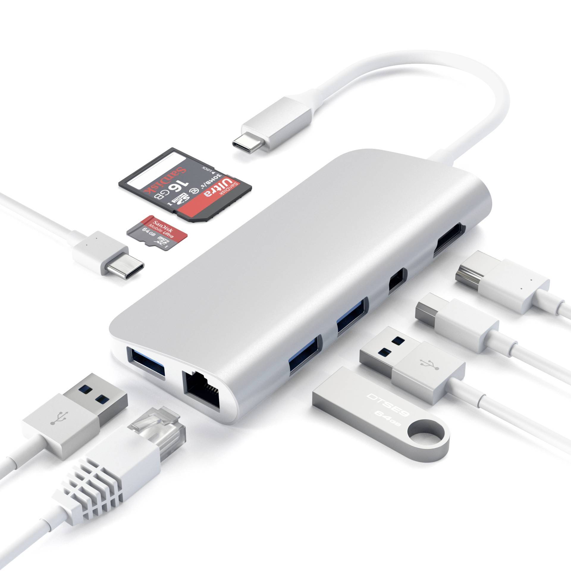 Wieloportowy hub USB-C z różnymi złączami, w tym USB, czytnikiem kart SD i Ethernetem, obrazuje wszechstronność połączeń cyfrowych.