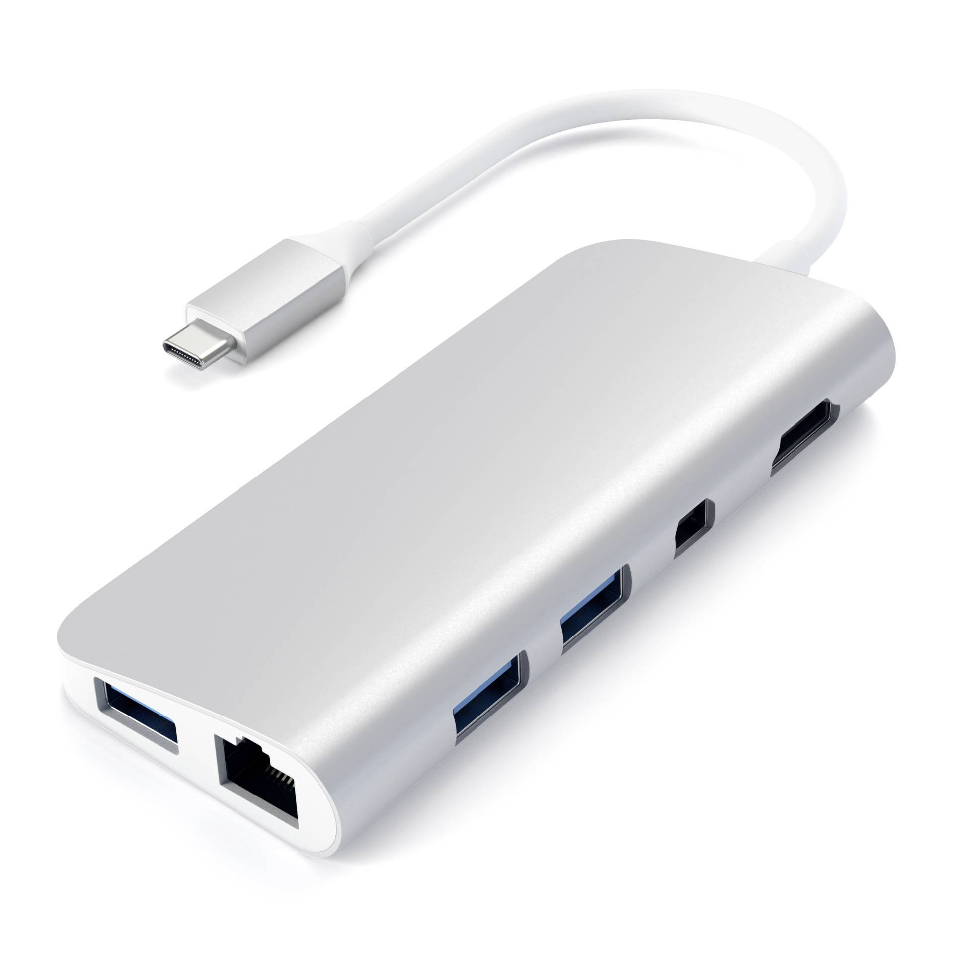 Srebrny hub USB-C z wieloma portami: HDMI, Ethernet i USB. Hub posiada krótki kabel i służy do rozszerzenia możliwości podłączenia urządzeń.