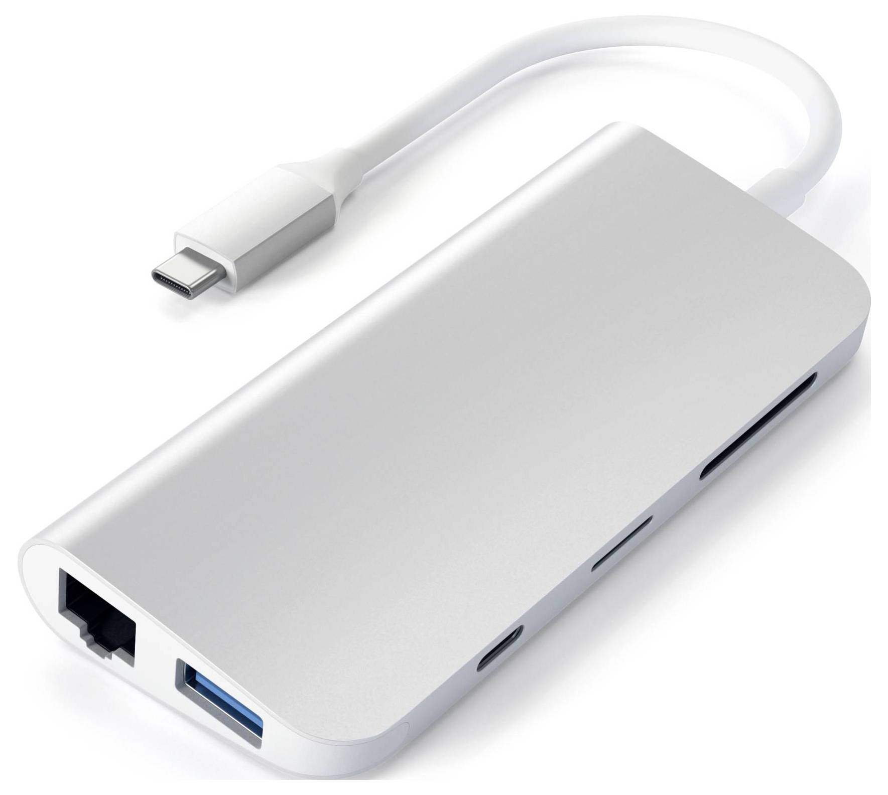 Srebrny hub USB-C z sześcioma portami, w tym Ethernet, USB i slotem na karty SD; odpowiedni dla laptopów.