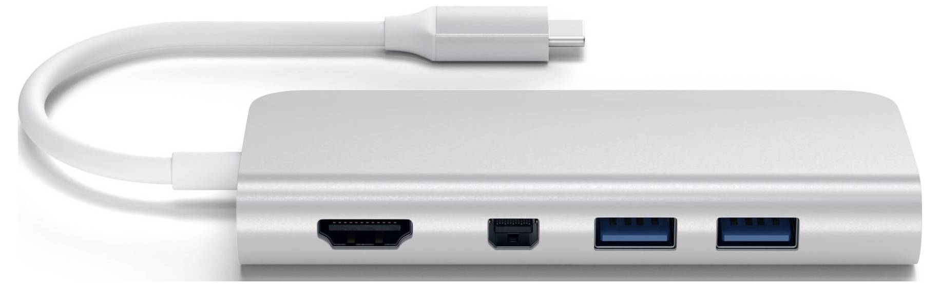 Hub USB-C z wyjściem HDMI, portem Ethernet oraz dwoma portami USB do rozszerzonej łączności. Smukła, srebrna stylistyka.