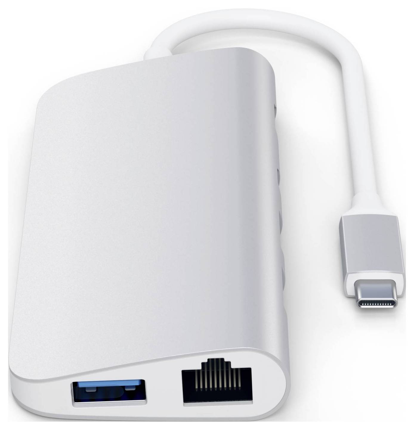 Adapter USB-C w kolorze srebrnym z wieloma portami, w tym USB i Ethernet, przeznaczony do rozszerzonej łączności urządzeń.