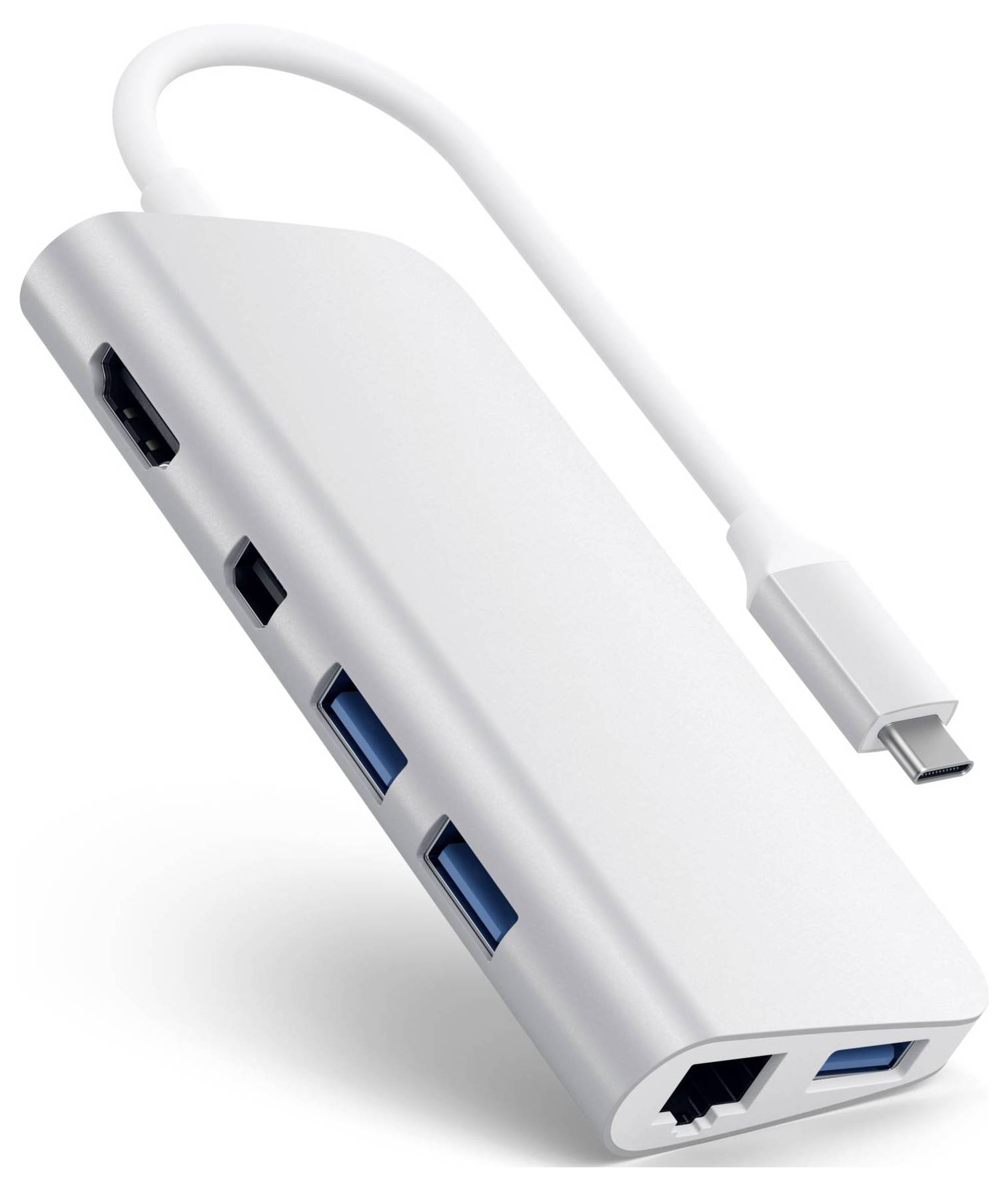 Srebrny hub USB-C z wieloma portami, w tym USB, HDMI i Ethernet. Idealny do podłączania różnych urządzeń do laptopa.
