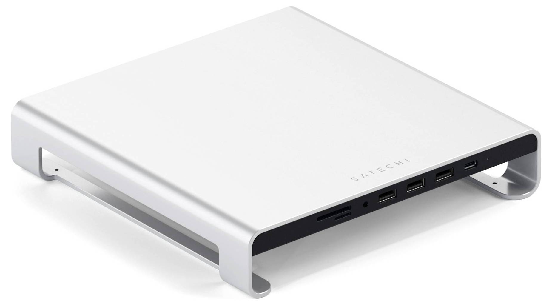 Srebrny stojak na laptopa z portami USB i czytnikiem kart SD z przodu. Zaprojektowany z myślą o ergonomicznej pracy.