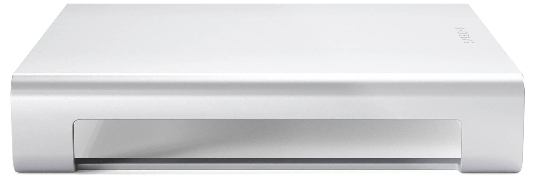 Srebrne, prostokątne urządzenie elektroniczne z otwartą szczelką z przodu, przypominające napęd CD.