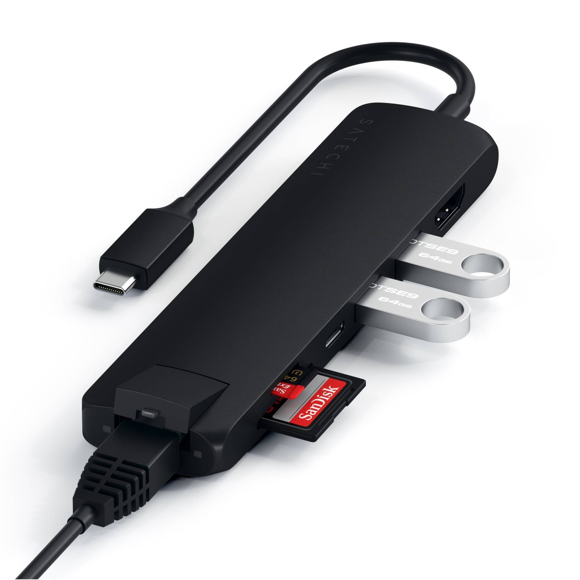 Hub USB-C z wieloma portami: Podłączone pendrive'y, kabel Ethernet i karta SD. Idealny do transferu i łączenia danych.