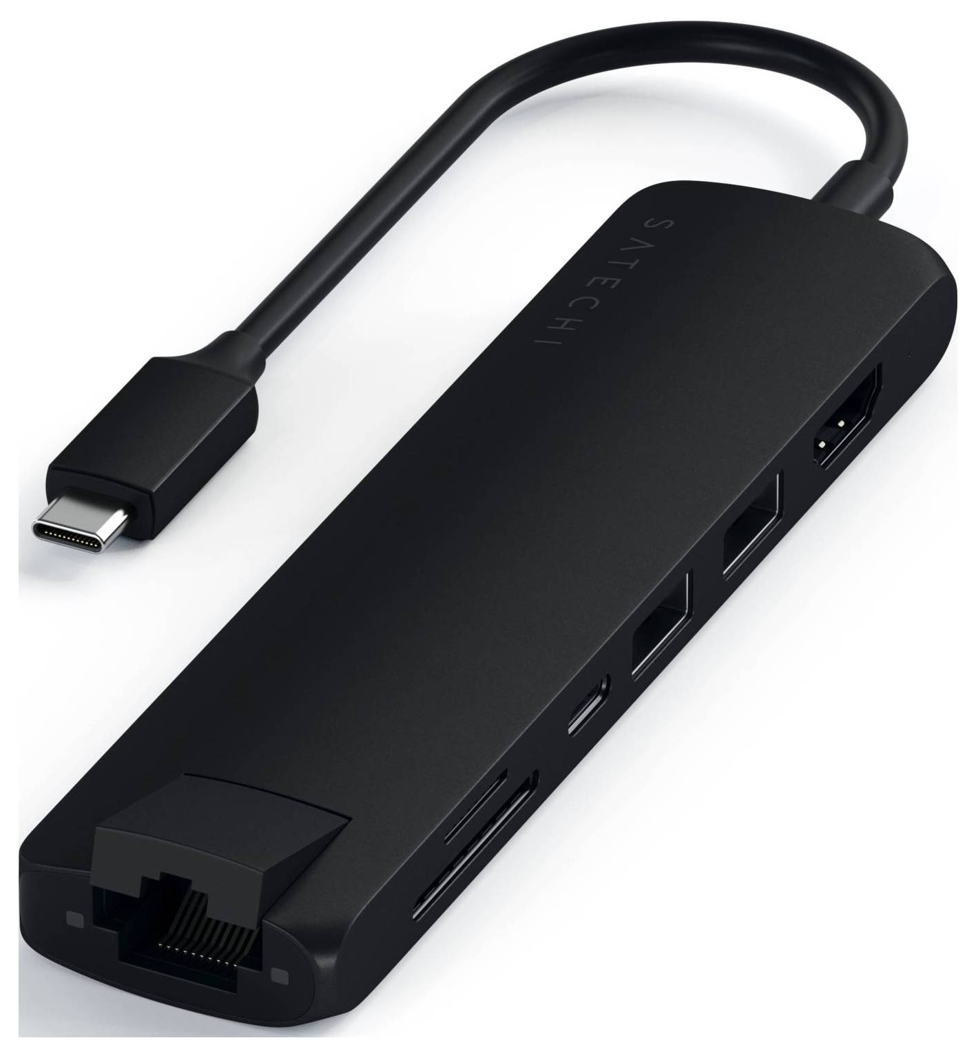 Czarny hub USB-C z wieloma portami, w tym Ethernet, USB i HDMI. Idealny do rozbudowy złączy laptopa.