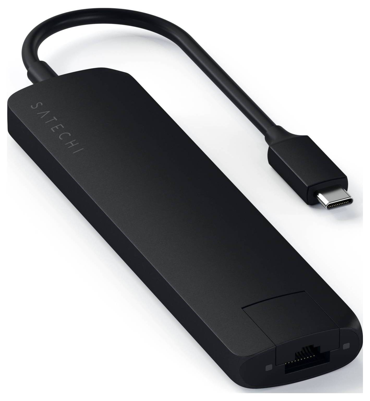 Czarny adapter z portem USB-C i złączem Ethernet. Widoczna nazwa marki 'Satechi'.
