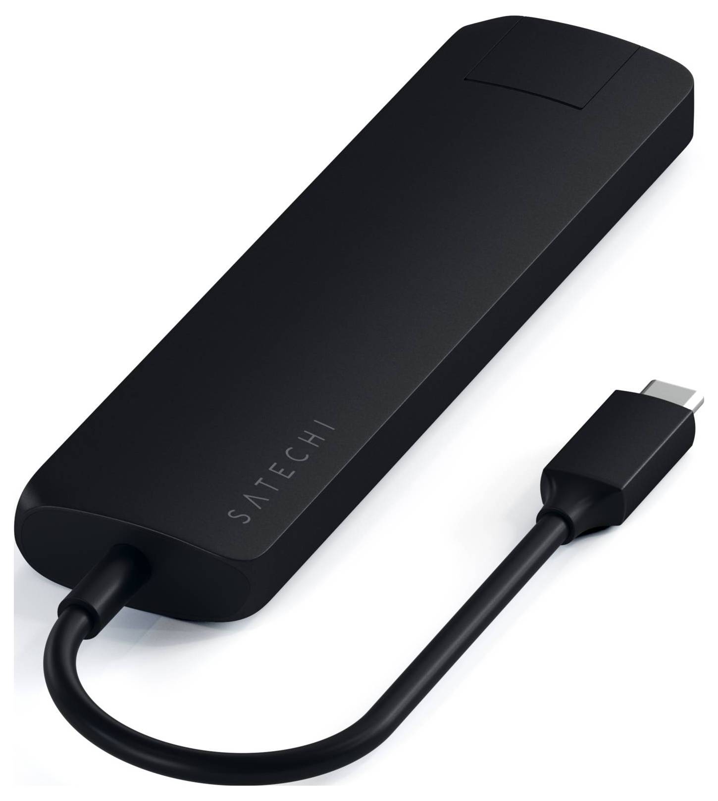 Czarny elektroniczny sprzęt z gniazdem USB-C z napisem 'Satechi'.