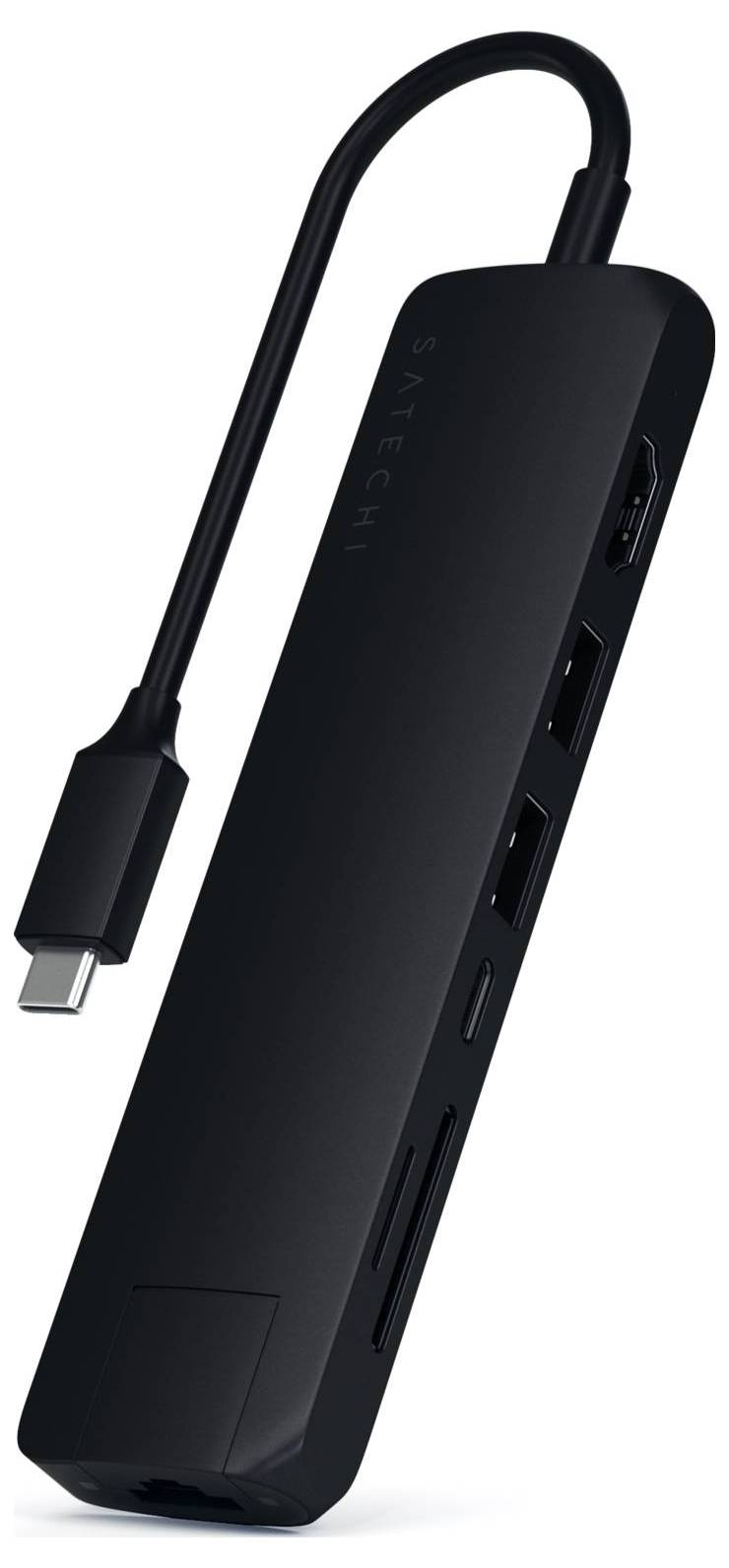 Czarny hub USB-C z wieloma portami, w tym HDMI, USB-A, Ethernet oraz czytnik kart SD, łączący urządzenia dla rozszerzonej łączności.