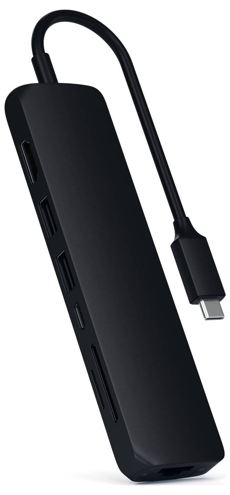 Czarny hub USB-C z wieloma portami, w tym złączami USB i slotem na karty SD, do podłączania różnych urządzeń.