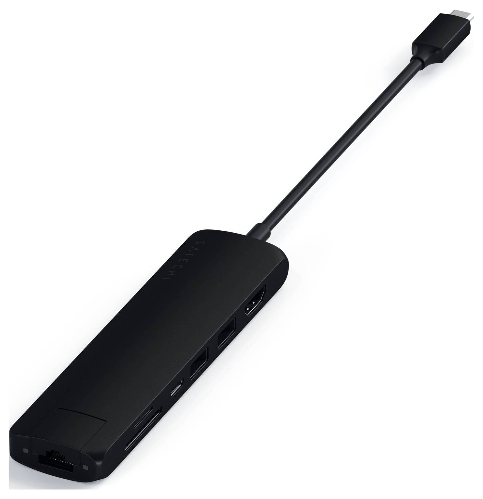 Czarny hub USB-C z wieloma portami, w tym HDMI, Ethernet i USB, oferuje rozszerzone opcje łączności.