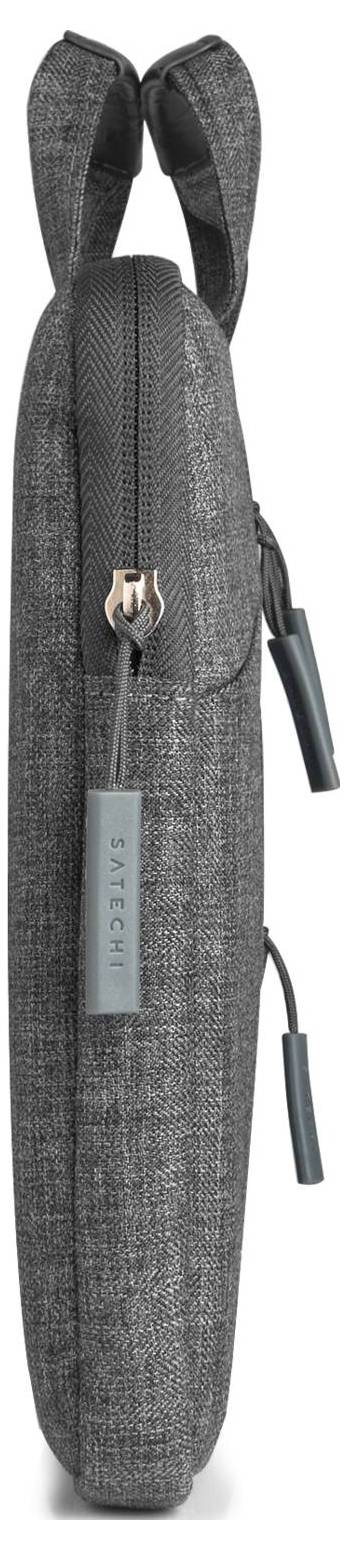 Szara torba na laptopa widziana z boku, z dwoma zamkami błyskawicznymi i uchwytami, zaprojektowana do bezpiecznego przewożenia laptopów.