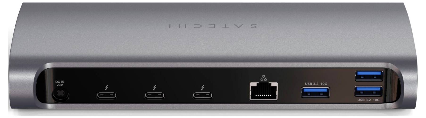 Szara metaliczna stacja dokująca z wieloma portami: trzema złączami USB-C, portem Ethernet oraz dwoma złączami USB-A.