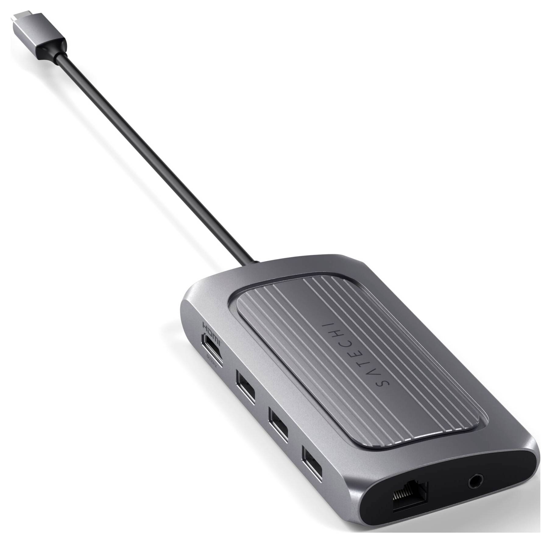 Wieloportowy adapter USB-C w kolorze szarym z czterema portami USB i jednym złączem Ethernet, przeznaczony do rozszerzonej łączności.