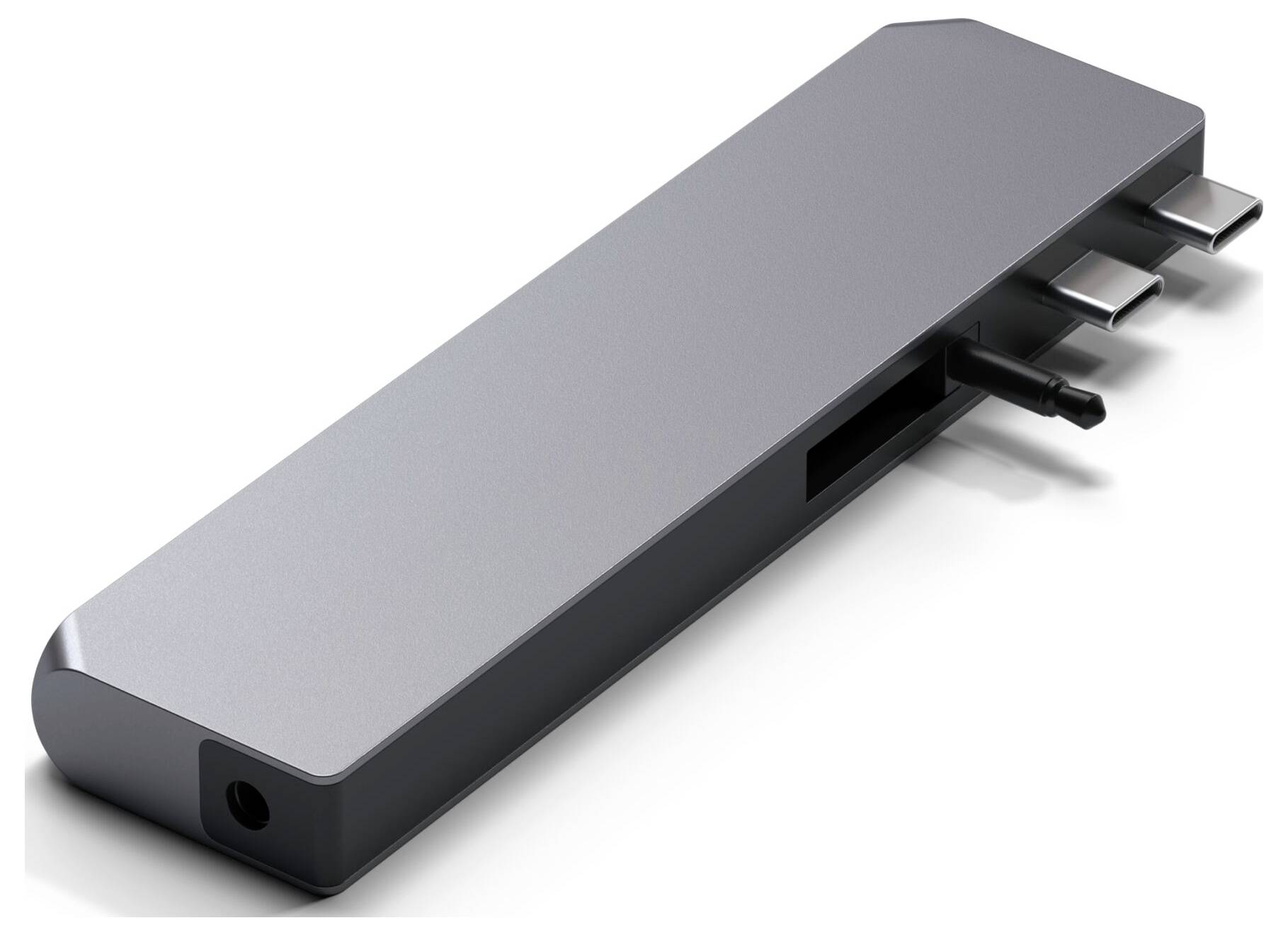 Szary hub USB-C z wieloma portami, w tym USB-C, HDMI i USB-A. Zaprojektowany do rozszerzania możliwości podłączeniowych laptopa.