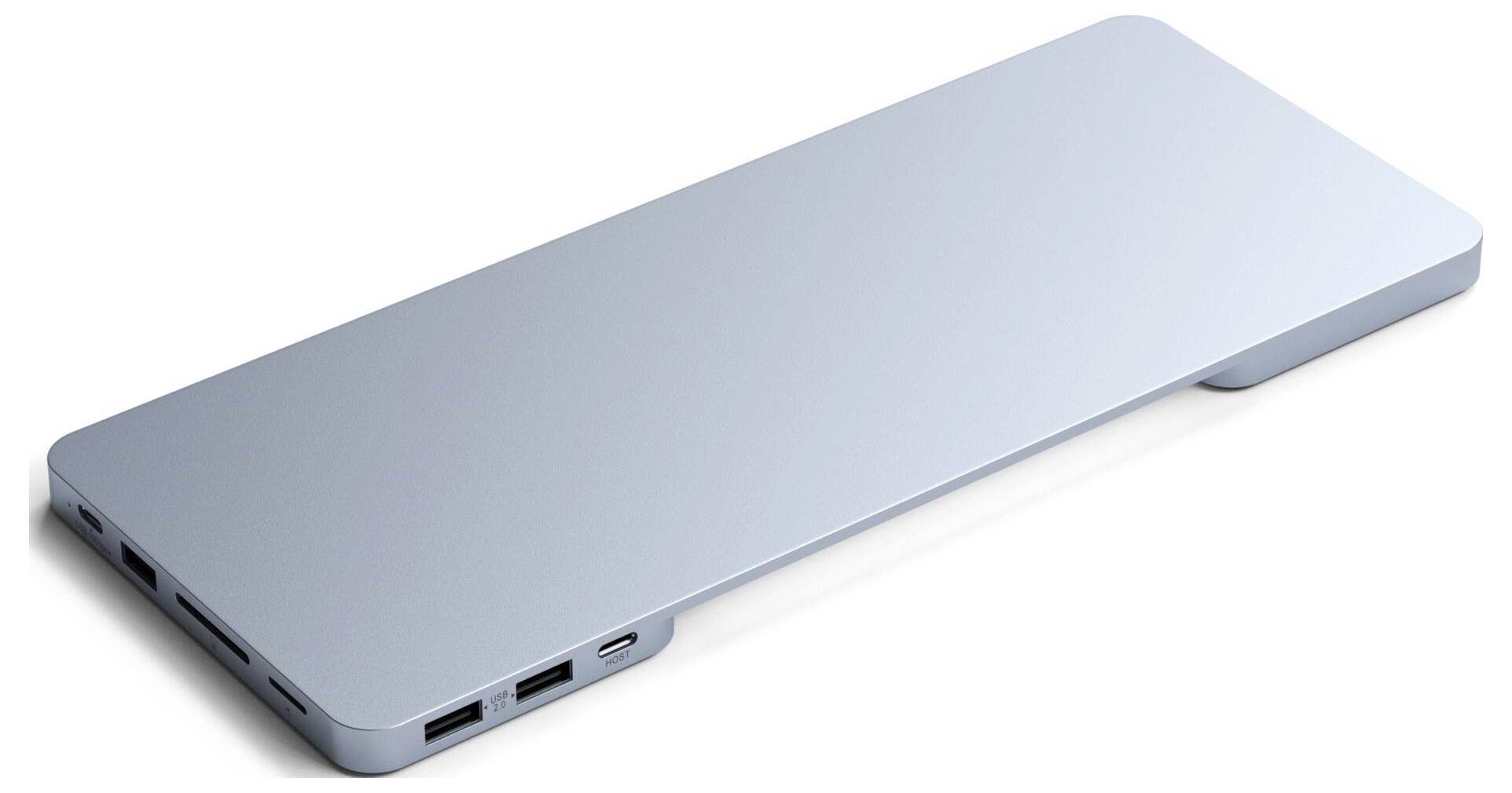 Srebrny, płaski osprzęt dokujący z wieloma portami, w tym USB i HDMI, do podłączania urządzeń elektronicznych.