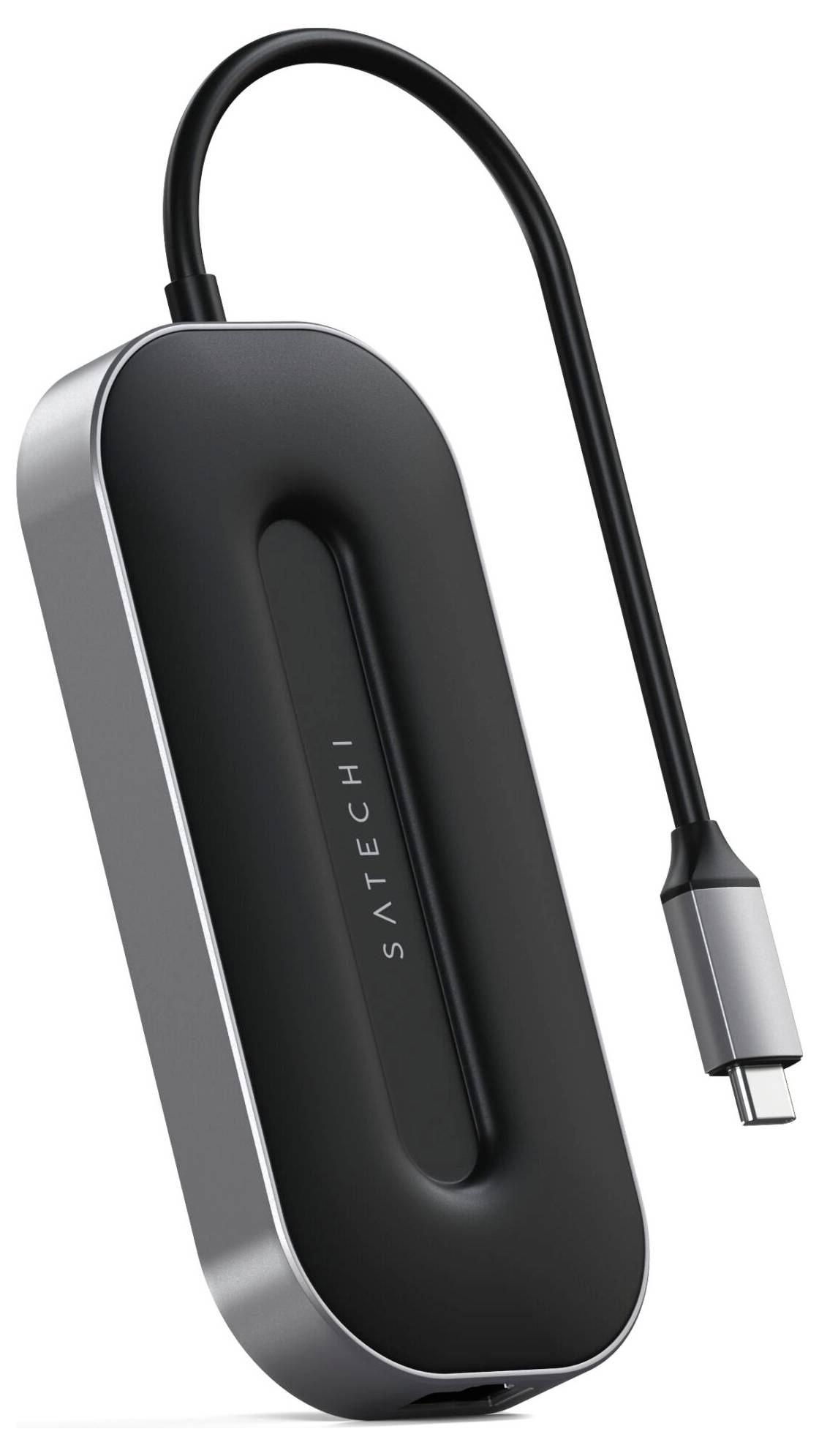 Hub USB-C firmy Satechi z wieloma portami i zintegrowanym przewodem. Odpowiedni do rozbudowy konfiguracji laptopa.