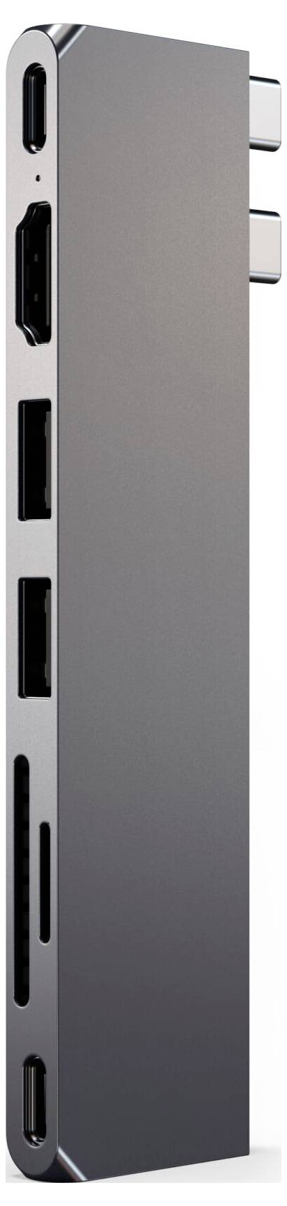 Hub USB-C z wieloma portami, w tym HDMI, USB, czytnik kart SD i USB-C, do rozszerzenia możliwości połączeniowych laptopa.