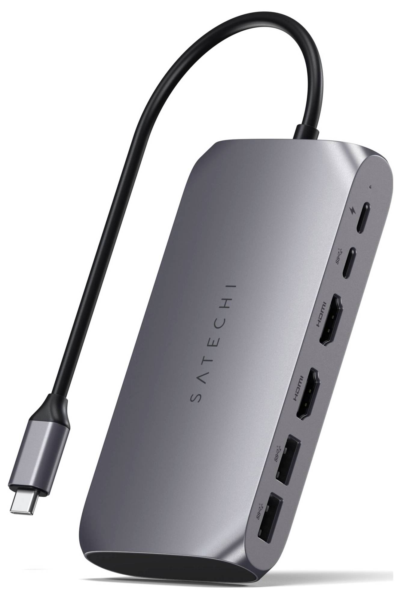 Wieloportowy hub USB-C: dwa złącza HDMI, dwa porty USB, czytnik kart SD, Ethernet oraz USB-C-PD. Widoczna nazwa marki 'Satechi'.