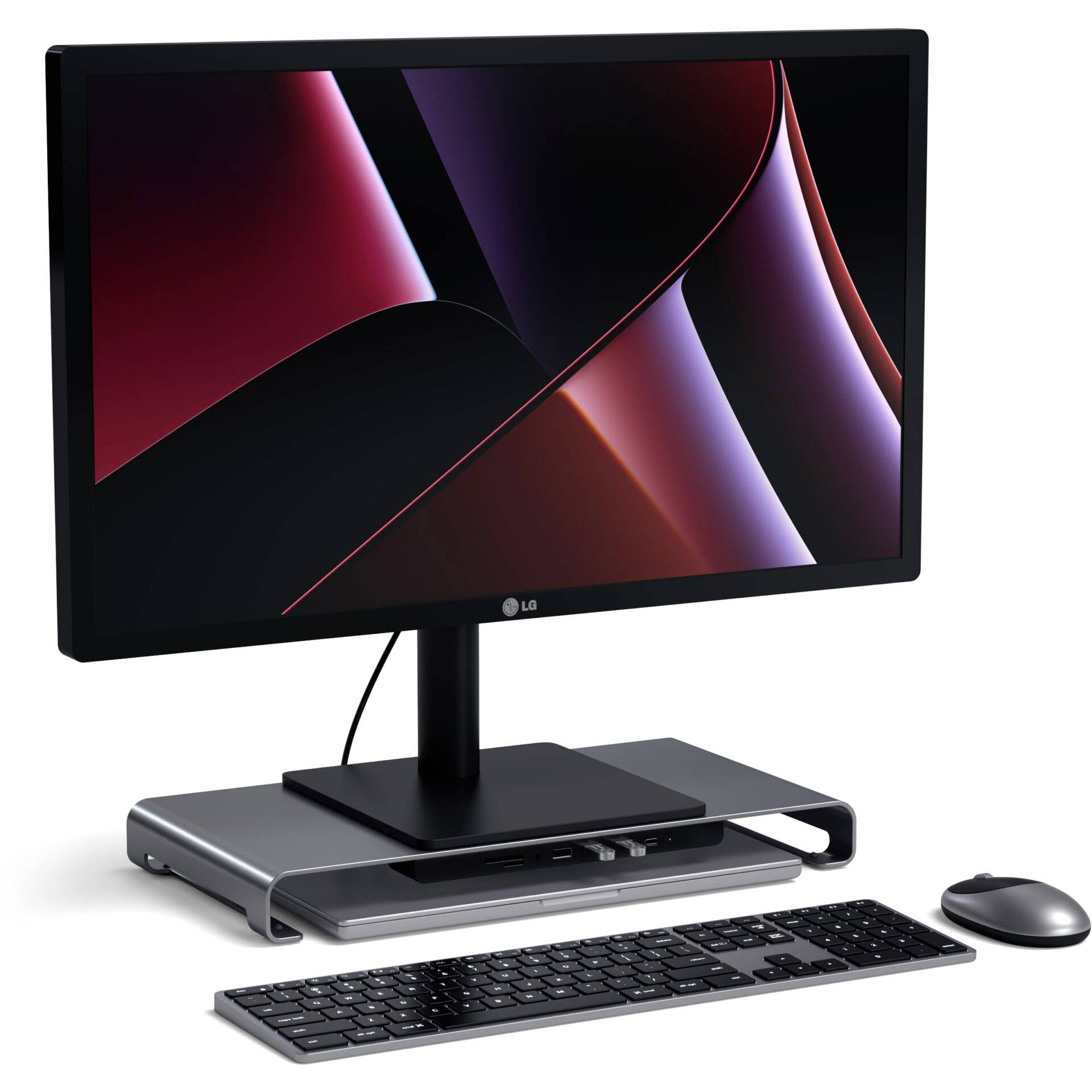 Nowoczesny komputer stacjonarny z dużym ekranem, klawiaturą i myszą, ustawiony na biurku. Monitor wyświetla abstrakcyjne tło.