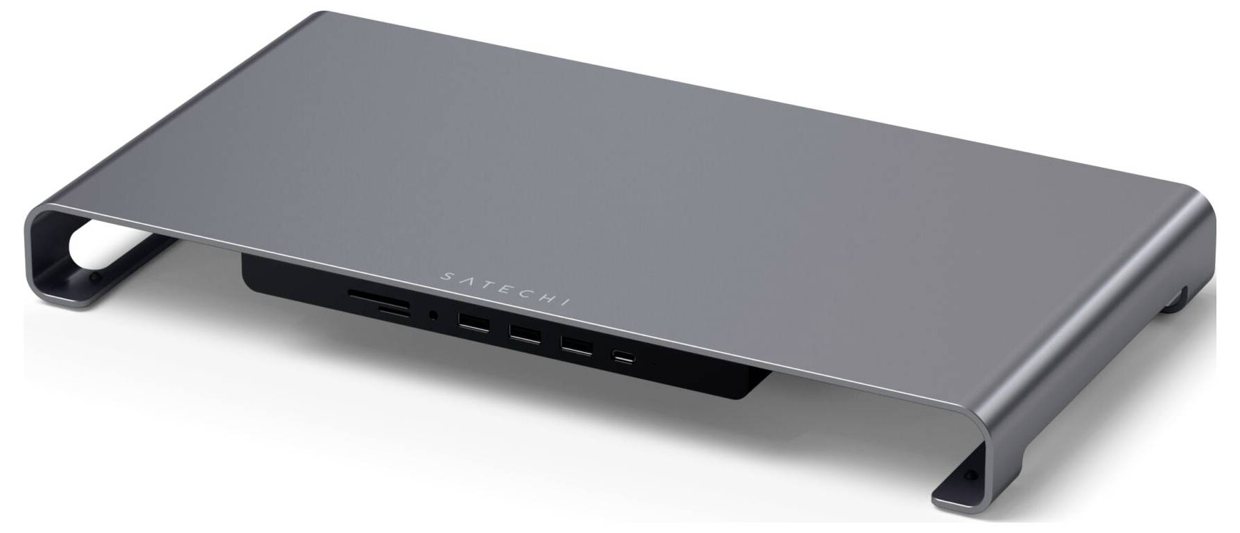 Metalowy, szary stojak na laptopa firmy Satechi o smukłej sylwetce z wbudowanymi portami USB zapewniającymi rozszerzone możliwości podłączenia.