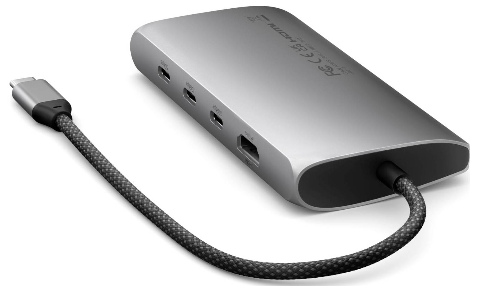 Hub USB-C z wieloma portami, w tym HDMI i złączami USB. Idealny do rozszerzania połączeń laptopa.