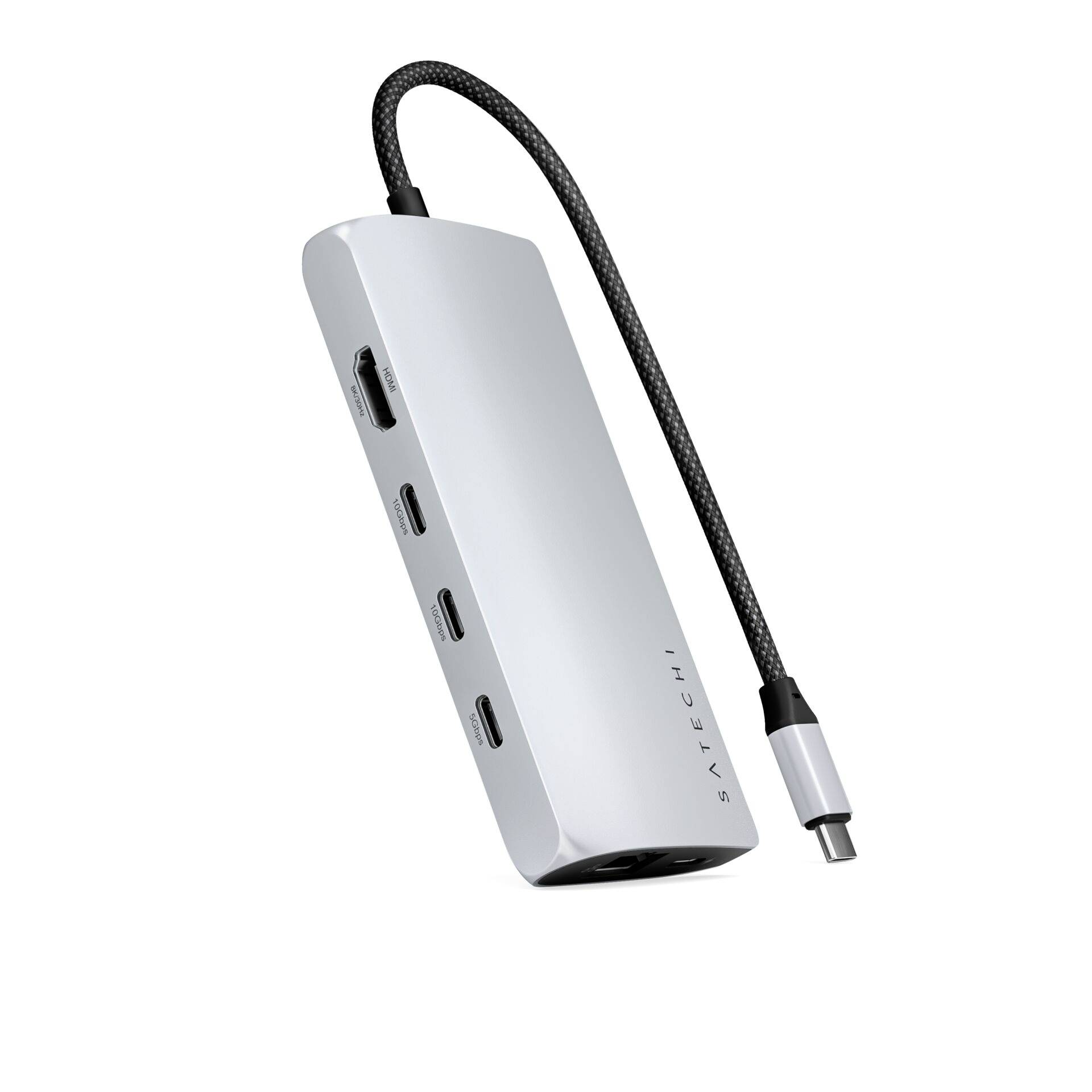 Srebrny hub USB-C z wieloma portami, w tym USB-A, HDMI i gniazdem kart SD. Kabel z wtyczką USB-C.