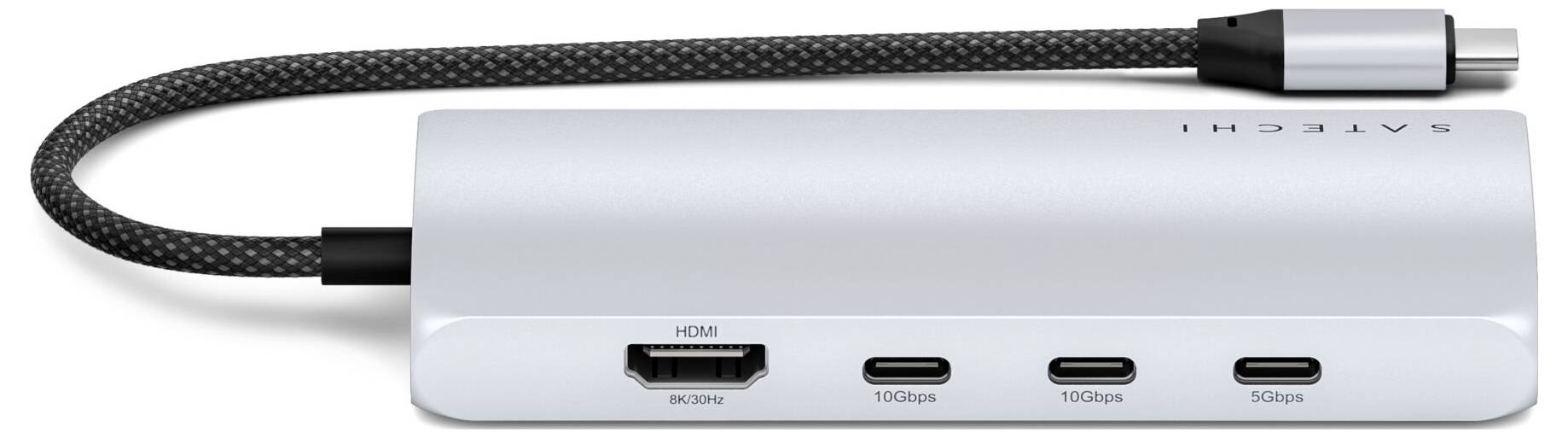 Srebrny hub USB-C z czterema portami: HDMI, dwoma USB-C oraz jednym portem USB-A. Umożliwia podłączenie urządzeń do wielu urządzeń peryferyjnych.